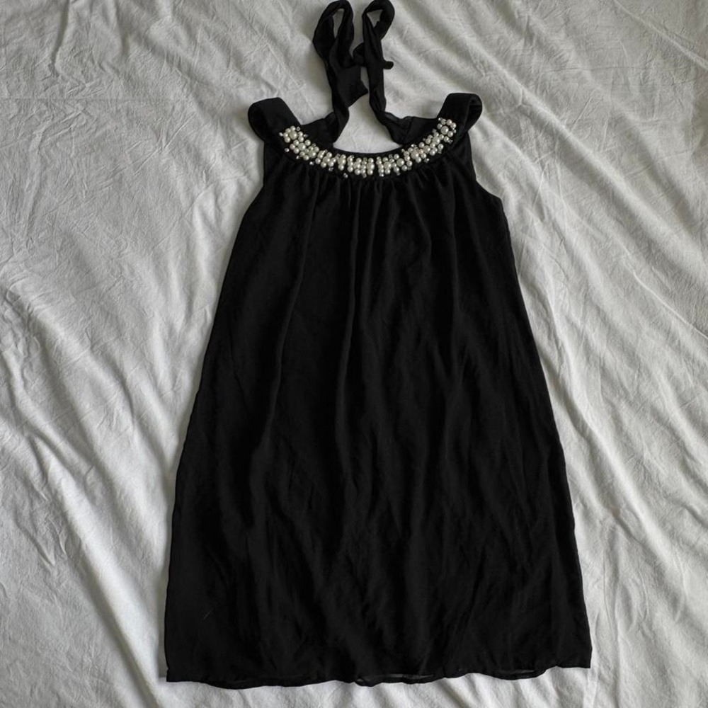 Vintage Pearl & Crystal Encrusted Halter Mini Dress Black Shift S/M